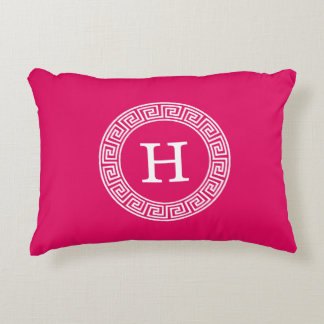 Raspberry Wht Greek Key Rnd Frame Initial Monogram Decorative Pillow