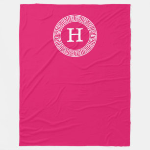 Raspberry Wht Greek Key Rnd Frame Initial Monogram Fleece Blanket