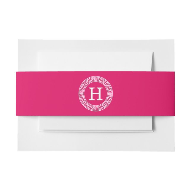 Raspberry Wht Greek Key Rnd Frame Initial Monogram Invitation Belly Band (Front Example)