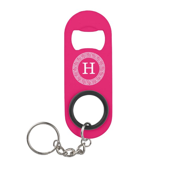 Raspberry Wht Greek Key Rnd Frame Initial Monogram Keychain Bottle Opener (Front)