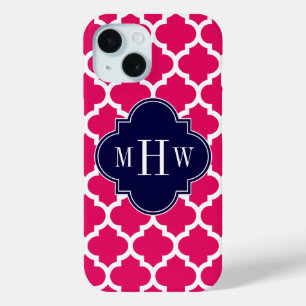 Raspberry Wht Moroccan #5 Navy 3 Initial Monogram iPhone 15 Case