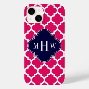 Raspberry Wht Moroccan #5 Navy 3 Initial Monogram Case-Mate iPhone 14 Case