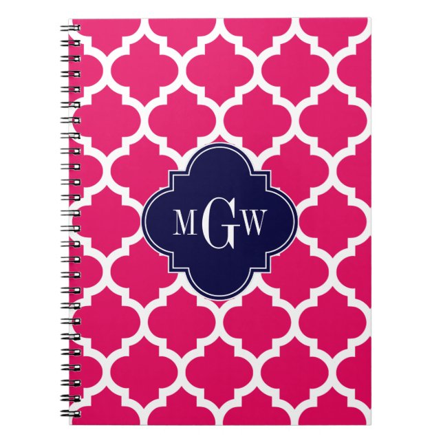 Raspberry Wht Moroccan #5 Navy 3 Initial Monogram Notebook (Front)