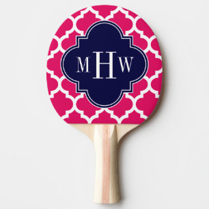 Raspberry Wht Moroccan #5 Navy 3 Initial Monogram Ping Pong Paddle