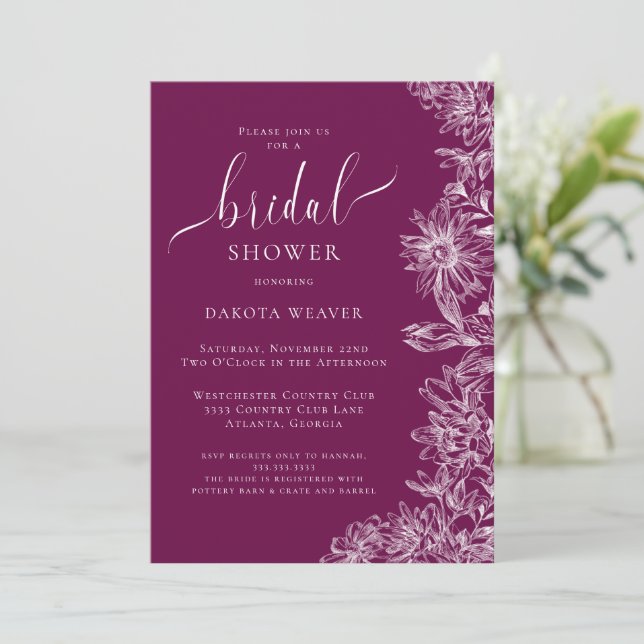 Raspberry Wine Line Drawn Floral Bridal Shower  Invitation (Standing Front)