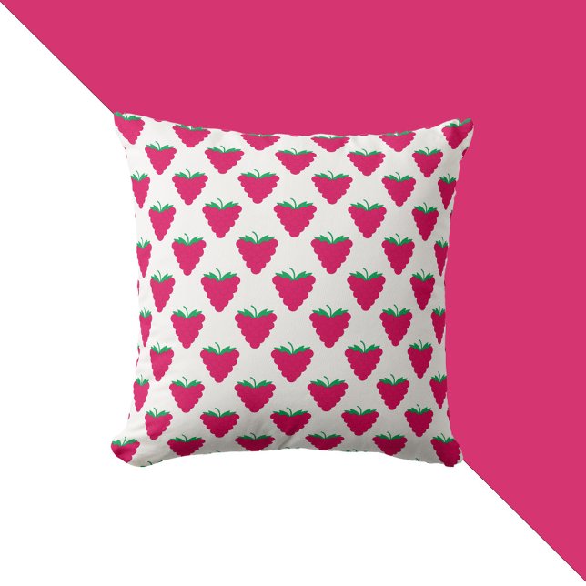 Rasperry Pink Berry Fruit Pattern Throw Pillow (A throw pillow with a pattern of pink raspberries with green stems.)