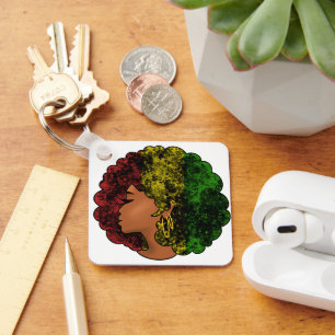 Rasta black girl woman afro red yellow green keychain