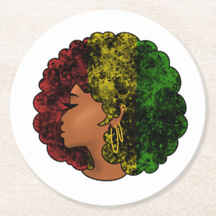 Rasta black girl woman afro red yellow green  round paper coaster