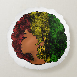 Rasta black girl woman afro red yellow green round pillow