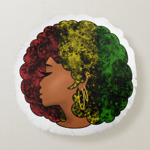 Rasta black girl woman afro red yellow green round pillow