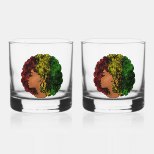 Rasta black girl woman afro red yellow green  whiskey glass