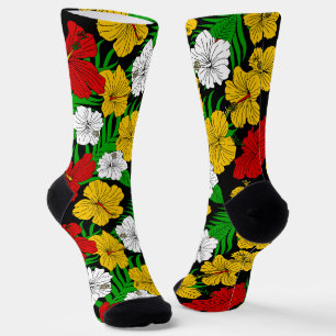 Rasta Coloured Tropical Hibiscus Flowers Patterned Socks