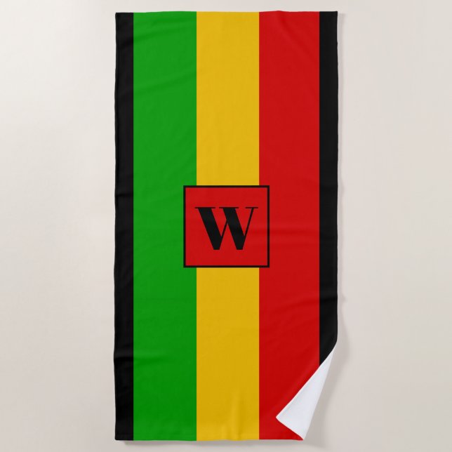 Rasta Flag Coloured Striped Monogram Reggae Beach Towel (Front)