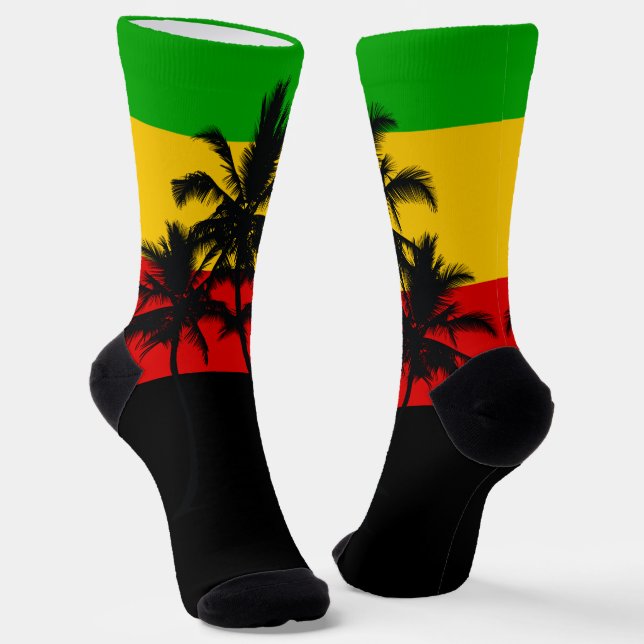 Rasta Flag Striped Tropical Palm Trees Socks (Angled)