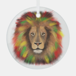 Rasta lion head red yellow green drawing Jamaica Glass Ornament