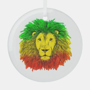 Rasta lion head red yellow green drawing Jamaica Glass Ornament