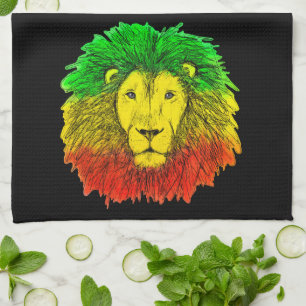Rasta lion head red yellow green drawing Jamaica  Kitchen Towel