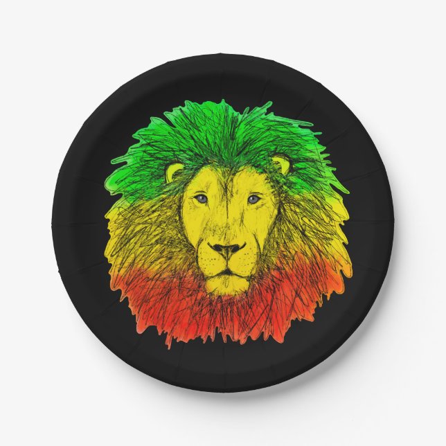 Rasta lion head red yellow green drawing Jamaica  Paper Plate (Front)