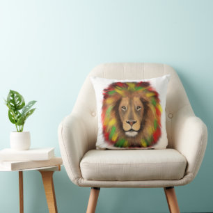 Rasta lion head red yellow green drawing Jamaica Throw Pillow