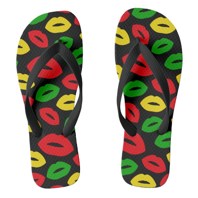 Rasta Reggae Red Gold Green Lipstick Kisses Flip Flops (Footbed)