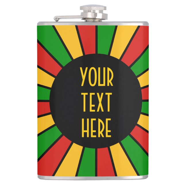 RASTAFARI FLAG BUTTON RAYS + your sign or monogram Hip Flask (Front)