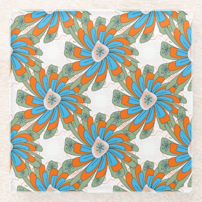 Raster Floral Abstract Textile Print Glass Coaster (Front)