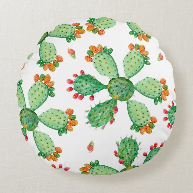Raster watercolor seamless cactus set background.  round pillow (Front)