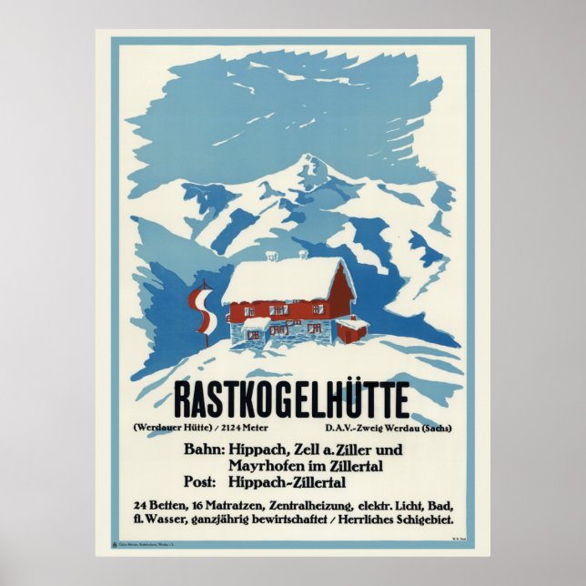 Rastkogelhütte Allemagne Poster vintage 1938 (Devant)
