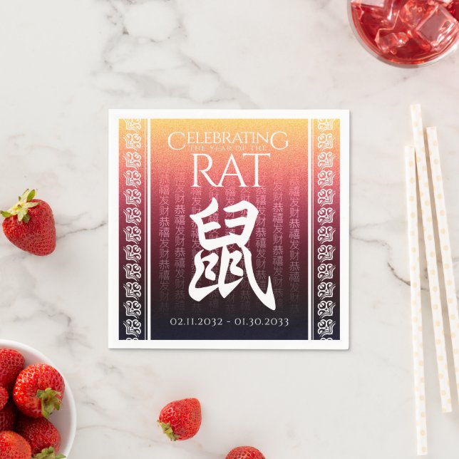 Rat 鼠 Red Gold Chinese Zodiac Lunar Symbol Napkin (Insitu)