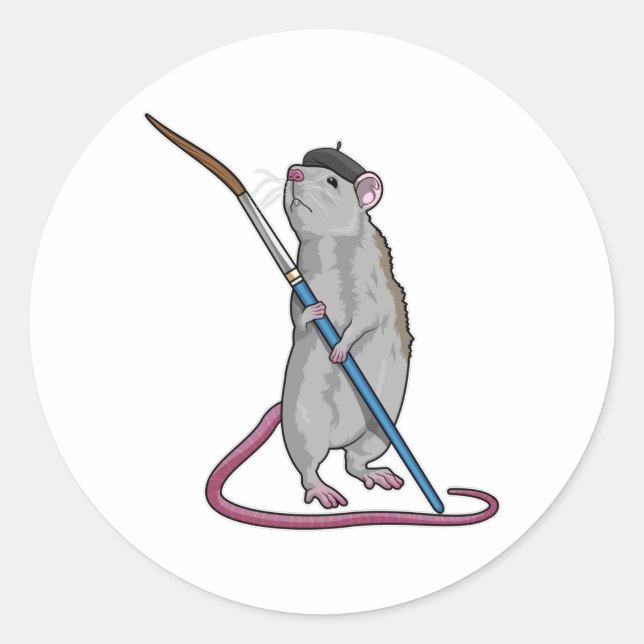 Rat as Painter with Paint brush Classic Round Sticker (Front)