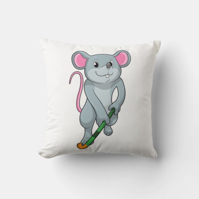 Rat at Hockey with Hockey bat Throw Pillow (Front)