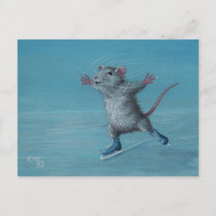 Rat Ice Skating blue skates postcard
