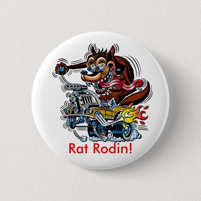 Rat On Hot Rod, Rat Rodin! 2 Inch Round Button (Front)