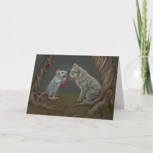 Rat putting bell on cat greeting card
