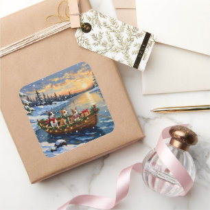 Rat Terrier Christmas Boat Holiday Square Sticker