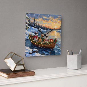 Rat Terrier Christmas Boat Holiday Square Wall Clock