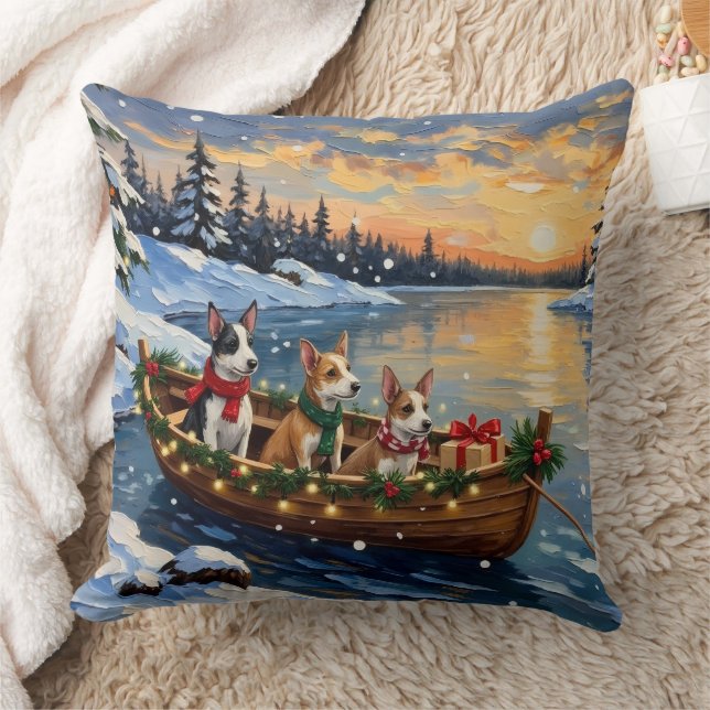 Rat Terrier Christmas Boat Holiday Throw Pillow (Blanket)