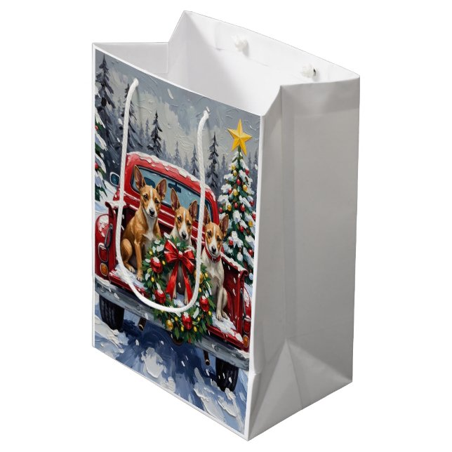 Rat Terrier Christmas Red Truck Holiday Medium Gift Bag (Front Angled)