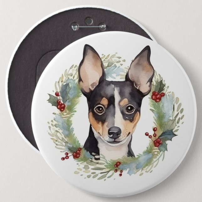 Rat Terrier Christmas Wreath Festive Pup 6 Inch Round Button (Front & Back)