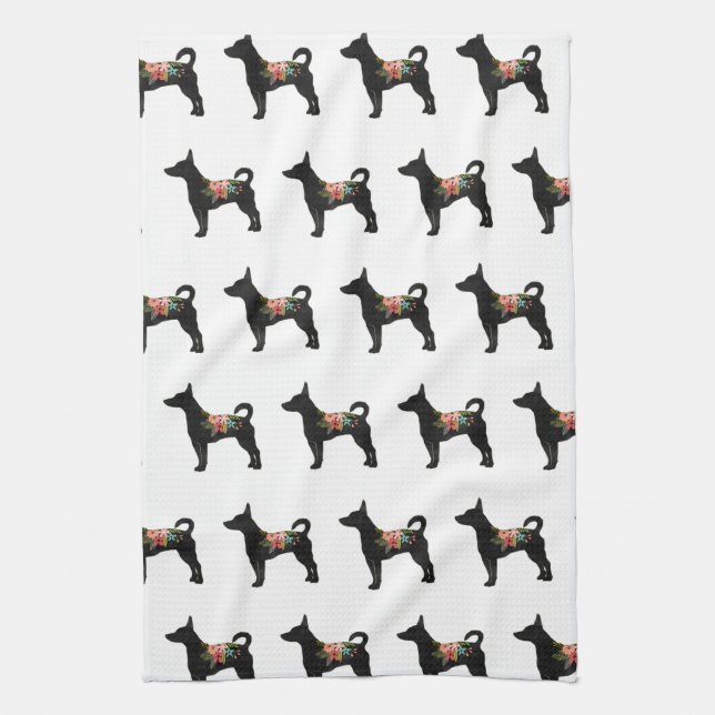 Rat Terrier CN Dog Boho Floral Silhouette Kitchen Towel (Vertical)