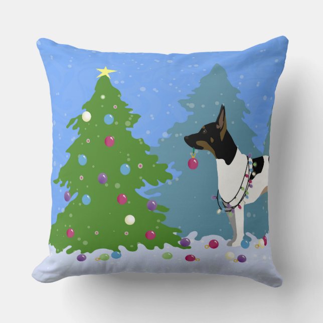 Rat Terrier Decorating a Christmas Tree in Forest Throw Pillow (Front)