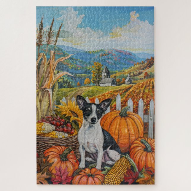 Rat Terrier Dog Autumn Harvest Thanksgiving Jigsaw Puzzle (Vertical)
