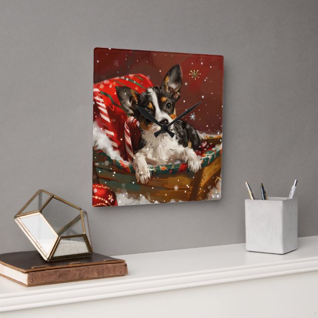 Rat Terrier Dog Christmas Festive Square Wall Clock (Office)