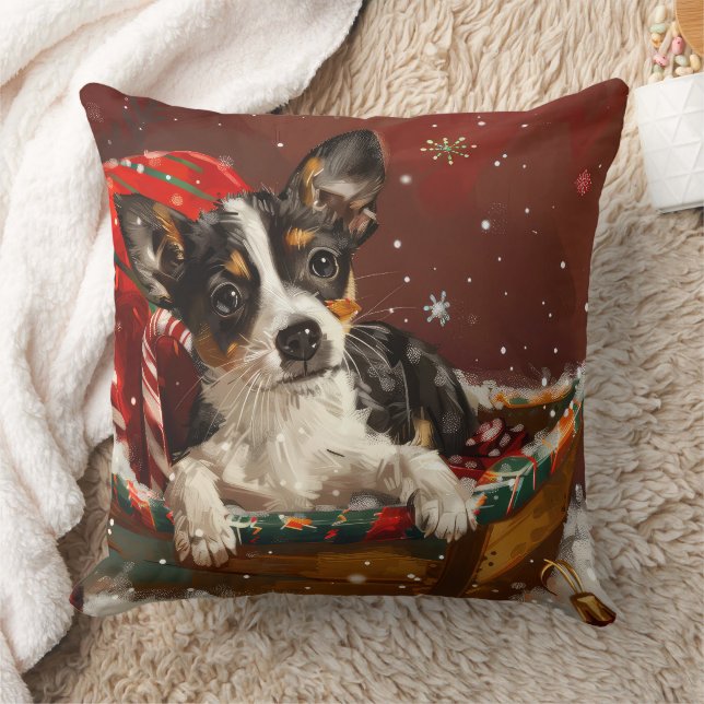 Rat Terrier Dog Christmas Festive Throw Pillow (Blanket)