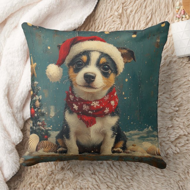Rat Terrier Dog Christmas Vintage Beach  Throw Pillow (Blanket)