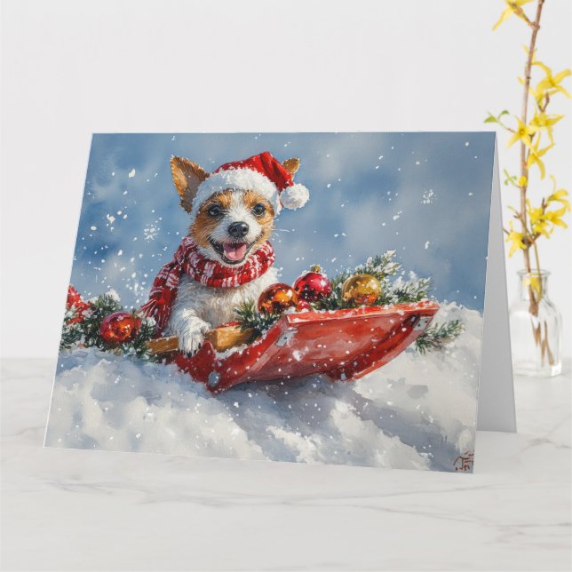 Rat Terrier Dog in Sledge Let it Snow Christmas  Card (Yellow Flower)
