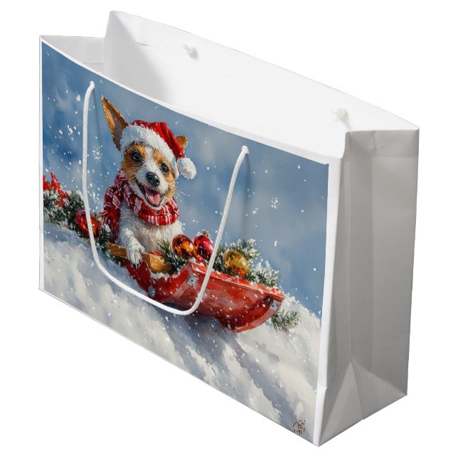 Rat Terrier Dog in Sledge Let it Snow Christmas  Large Gift Bag (Front Angled)