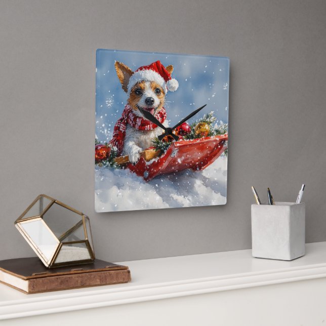Rat Terrier Dog in Sledge Let it Snow Christmas  Square Wall Clock (Office)