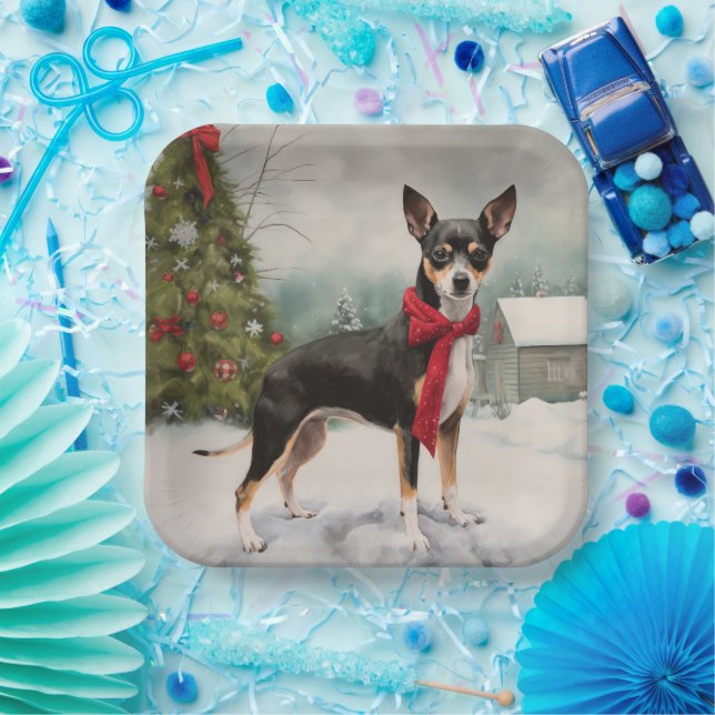 Rat Terrier Dog in Snow Christmas  Paper Plate (Party)