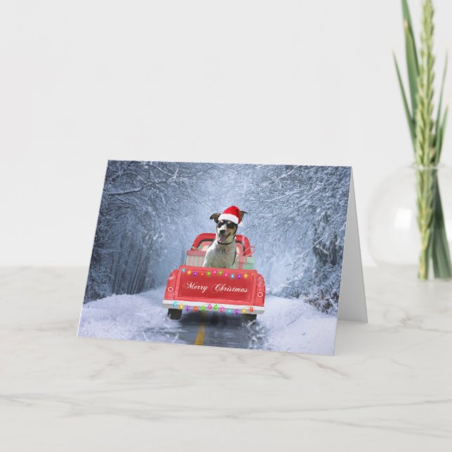 Rat Terrier Dog in Snow sitting in Christmas Truck Card (Front)